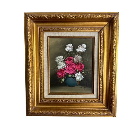 Vintage Floral Oil Painting Roses Ornate Gold Frame Cottagecore Small Wall Art